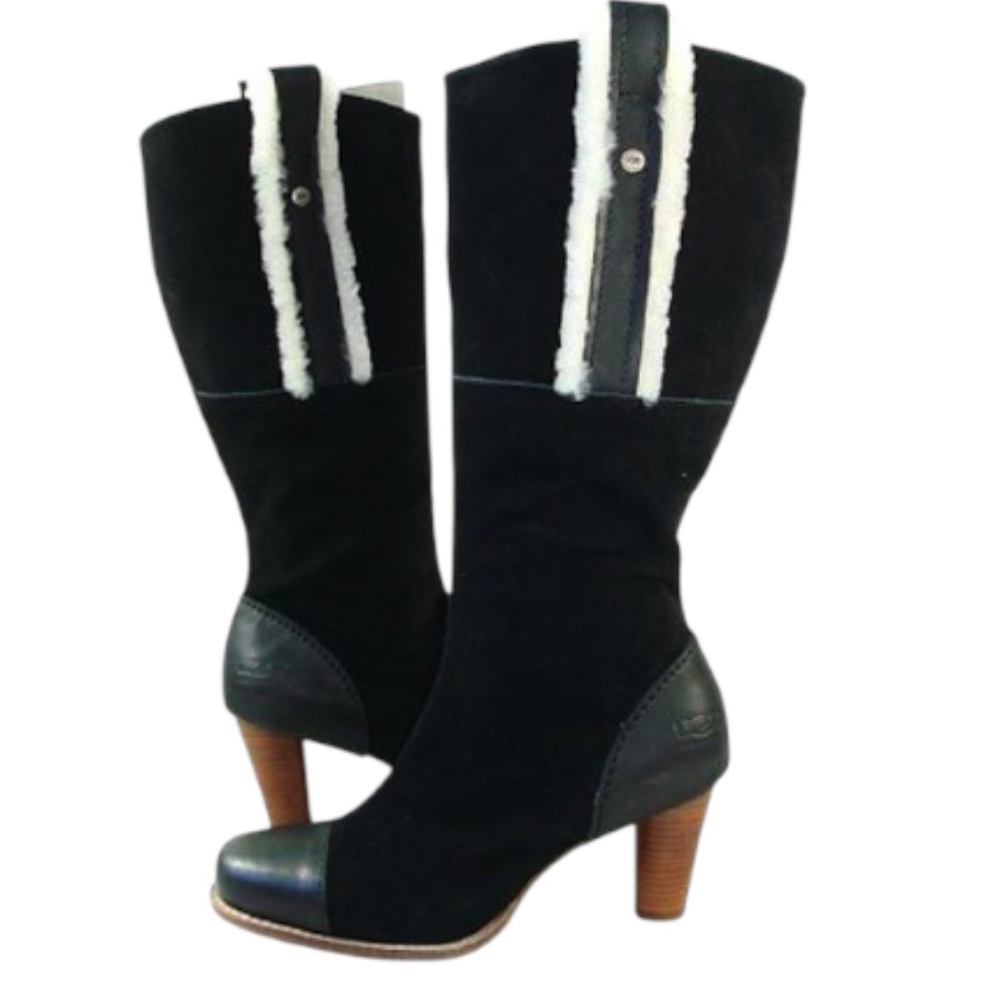 Ugg Australia Tess Black Suede Tall Sheepskin Women’s Leather Heel Boots - Picture 3 of 7
